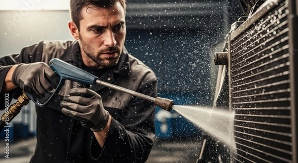 Fototapeta Man using pressure washer to clean equipment in workshop  