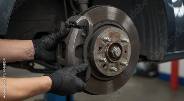 Fototapeta Mechanic repairing brake rotor on vehicle in automotive workshop  
