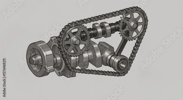 Fototapeta Engine component with gears and chain on neutral background  