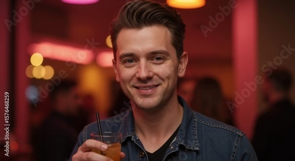 Fototapeta Young man smiling and holding a drink in a vibrant social setting  