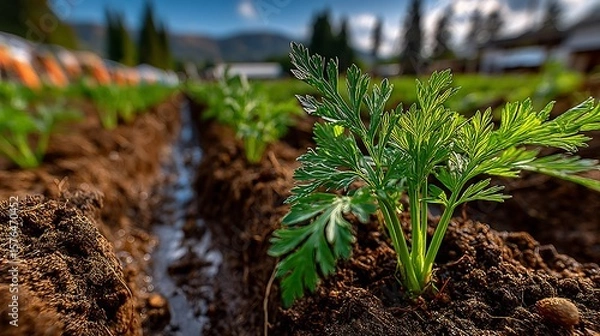 Fototapeta Close up of young carrot plants growing in rows in a field on a sunny day with mountains in the back