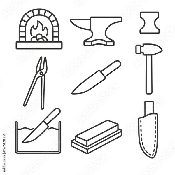 Fototapeta Knife Forging Icons. Line style icons of Traditional Knife Forging: coal forge, anvil, hardy tool, forging hammer, tongs, blade