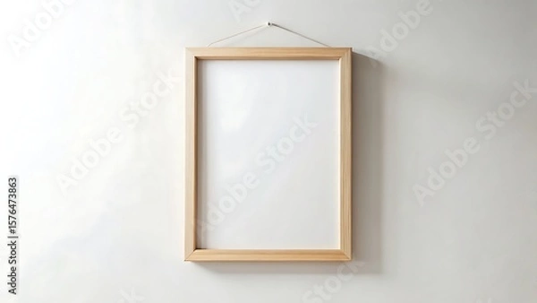 Fototapeta Empty wooden frame hanging on a white wall for artwork display