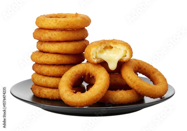 Fototapeta A stack of onion rings on a plate with a cut ring showing the melted filling inside the crispy batter on transparent background
