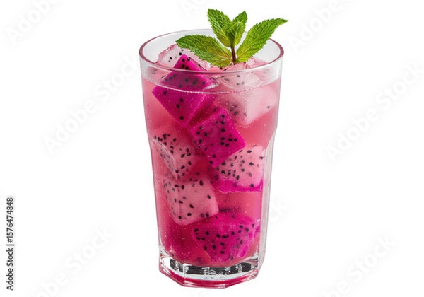 Fototapeta Refreshing dragon fruit drink in a glass with mint garnish and ice cubes for a tropical treat on transparent background