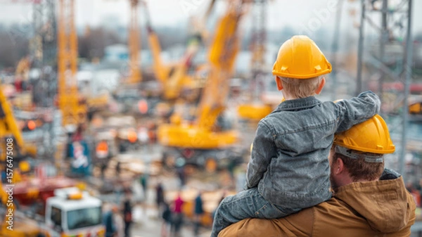 Fototapeta Father and son construction workers in hard hats observing industrial building site together