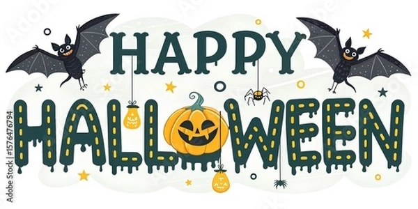 Fototapeta Haunted Typography with Bats and Lanterns