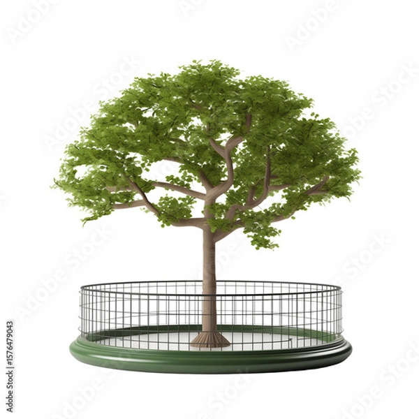 Fototapeta Green tree in a circular metal enclosure on a white background  