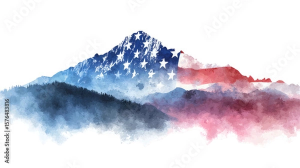 Fototapeta A majestic mountain range is painted with the colors and stars of the american flag in a watercolor style isolated on transparent background
