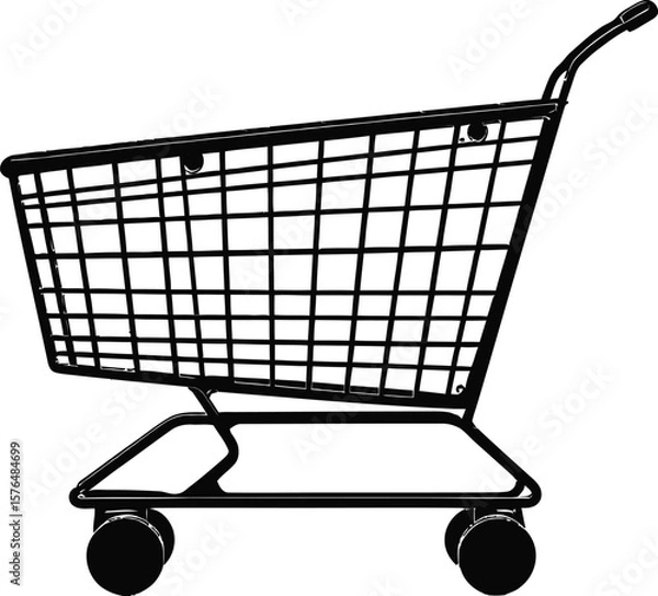 Fototapeta A stark black and white illustration of a shopping cart with a grid pattern and wheels on a white background