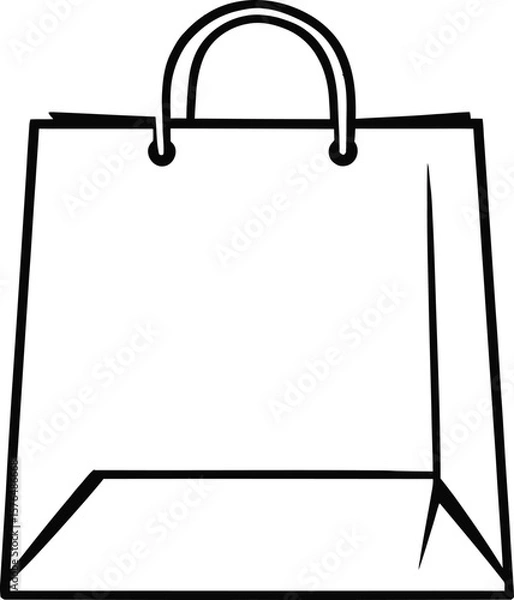 Fototapeta A simple graphic illustration of a white shopping bag with black outline and handles on a white background