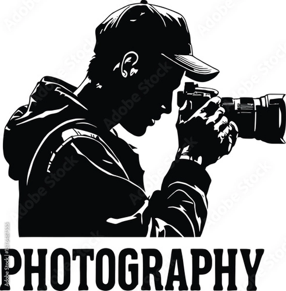 Fototapeta Silhouette of photographer with camera and cap taking a picture in black and white illustration style
