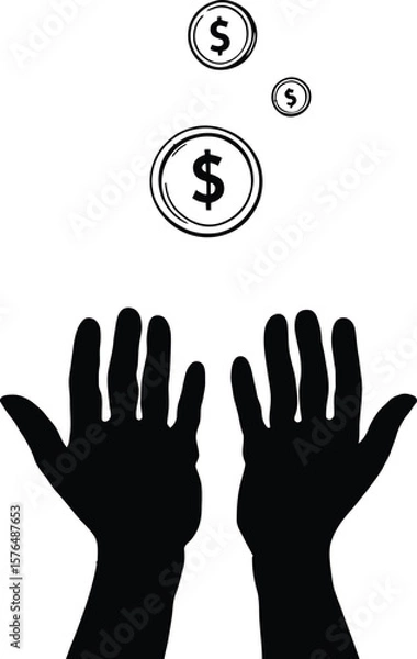 Fototapeta Black silhouette of two hands reaching up towards three falling coins with dollar signs on them above them