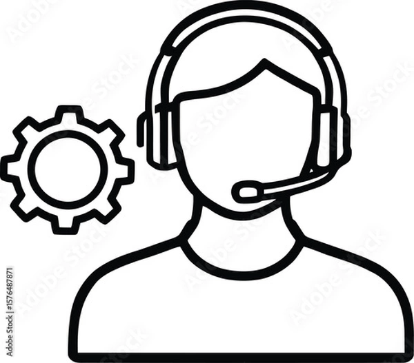 Fototapeta Outline of person with headset and gear icon representing technical support and assistance services