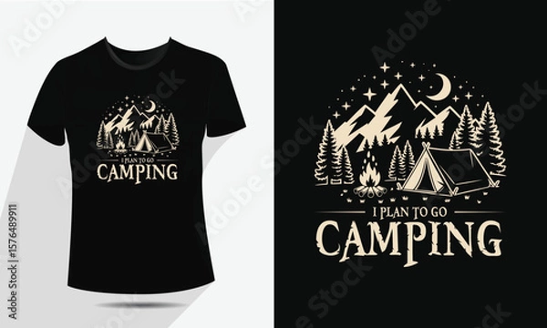 Obraz Vintage Camping and Mountain T-Shirt Design, Vector Outdoor Nature Adventure Badge with Tent, Fire, and Moon