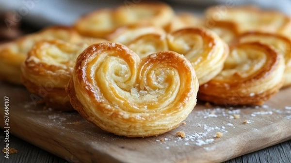 Fototapeta Freshly baked puff cookies in the form of hearts on a wooden board, sprinkled with powdered sugar. Warm light emphasizes the crispy texture and golden color of baking.