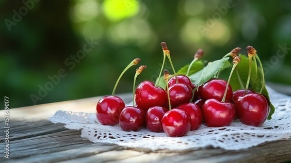 Fototapeta Ripe red cherries with green leaves on a lace napkin lying on a wooden surface. A blurry green background with soft lighting creates a fresh and natural atmosphere.
