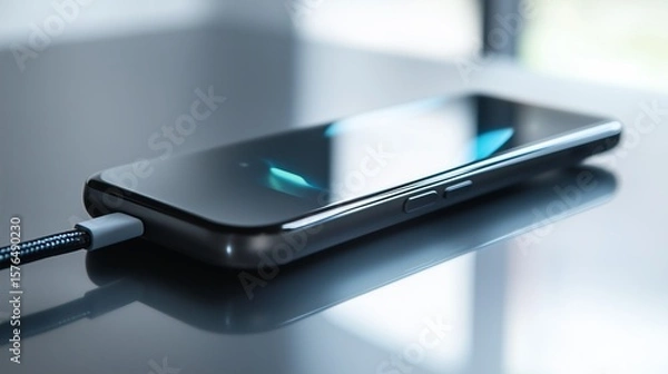 Fototapeta A modern smartphone with a glossy screen lies on a smooth surface connected to a charger. Topics related to technologies, gadgets and everyday digital life.