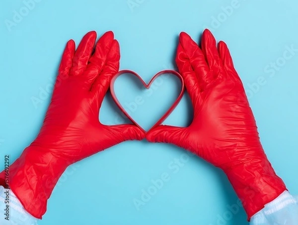 Fototapeta Doctor's hands in red medical gloves in shape of heart 