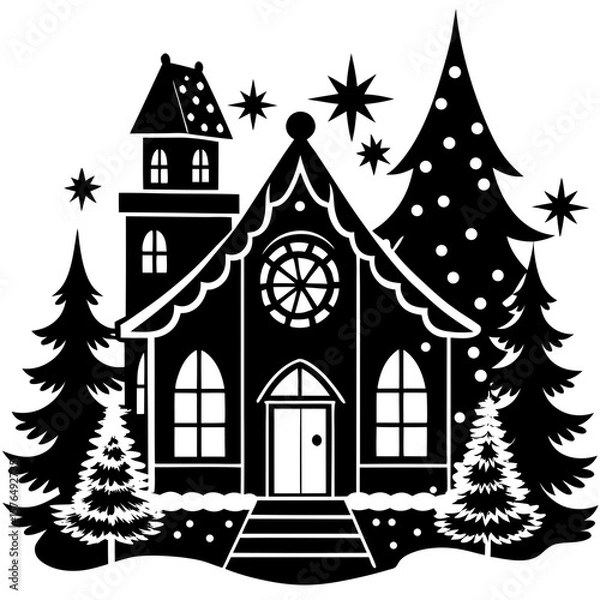 Obraz Whimsical black and white silhouette of a cozy winter cabin surrounded by trees