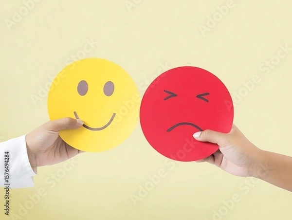 Fototapeta 
Hands holding happy and angry face paper, feedback rating , customer review, Emotional intelligence, balance emotion control,mental health