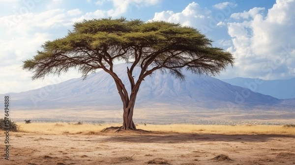 Fototapeta The lonely tree of acacia stands in the middle of African savannah against the backdrop of majestic mountains and blue sky with fluffy clouds.
