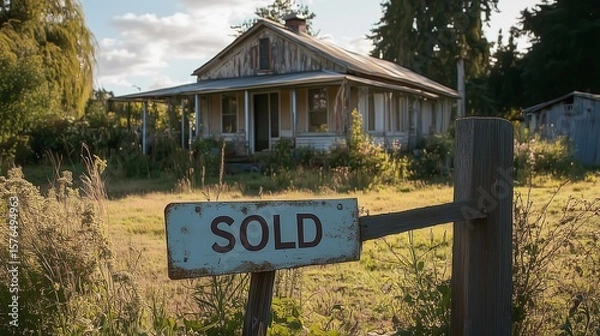 Fototapeta The ancient wooden house against the backdrop of wild vegetation is sold, as evidenced by the shabby sign "Sold" on a wooden pillar. Summer warm light emphasizes the atmosphere of rural seclusion