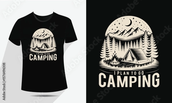 Fototapeta Vintage Camping and Mountain T-Shirt Design, Vector Outdoor Nature Adventure Badge with Tent, Fire, and Moon