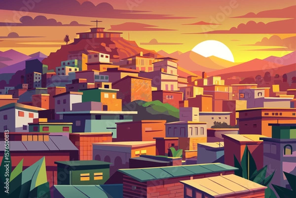 Fototapeta Layered Flat City Favela Rooftops Perspective