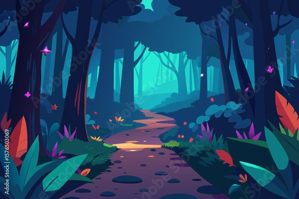 Fototapeta Magical Forest with a Colorful Glowing Overgrown Path