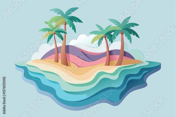 Fototapeta Layered Paper Cut Tropical Island with Ocean Waves