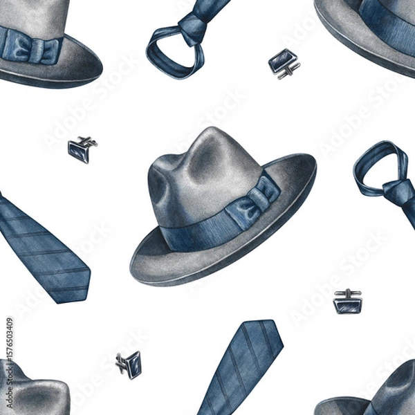 Fototapeta Seamless pattern with men's accessories, hats, ties, and cufflinks. Hand-drawn watercolor illustration. For textiles, packaging and labels, wallpaper, wrapping paper, decor, and more.