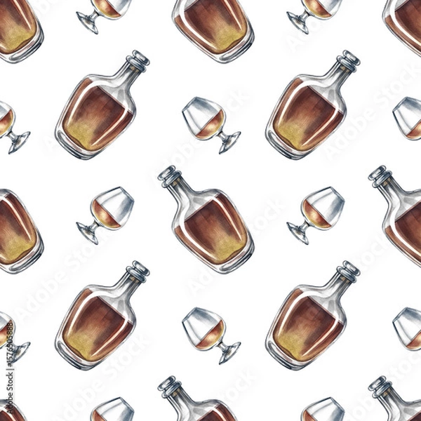 Fototapeta Seamless pattern with cognac, bottles, and wine glasses. Hand-drawn watercolor illustration. Suitable for bar and pub decor. For textiles, wallpapers. For wrapping paper and packaging, and more.
