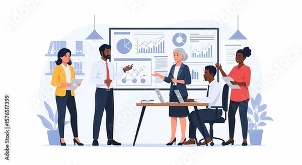 Obraz Diverse Business Team Presenting Data Analysis on Whiteboard Modern Illustration.