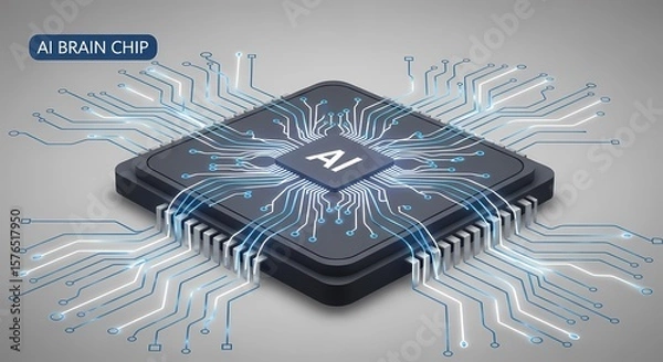 Obraz Futuristic AI Brain Chip with Glowing Circuitry on Gray Background.