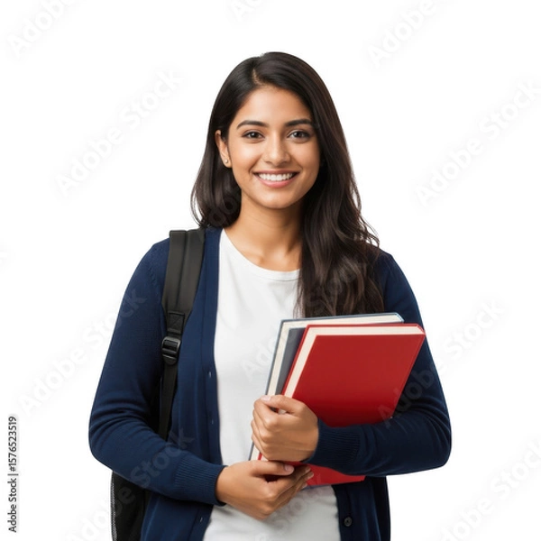 Fototapeta A smiling young indian student is holding books and wearing a backpack isolated on transparent background