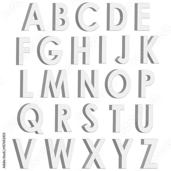 Fototapeta White 3d letters english alphabet. Volumetric font. Vector illustration