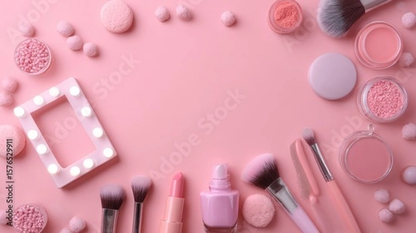 Fototapeta Pink makeup aesthetic flat lay