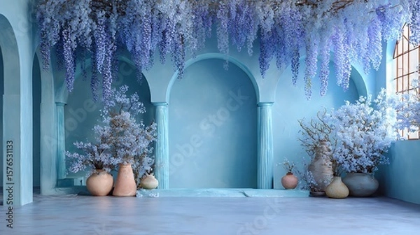 Fototapeta A serene wisteria floral backdrop with arches and vases creates a calming indoor scene