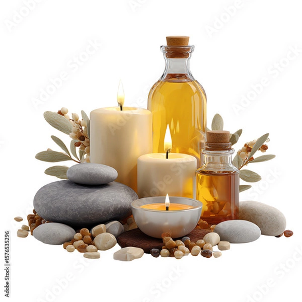 Fototapeta Spa candles with essential oil bottles and massage stones for relaxation isolated on transparent white background