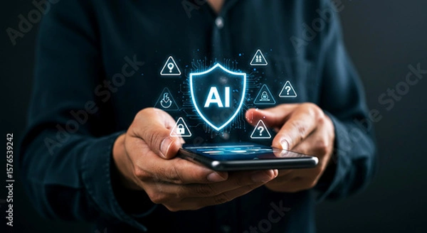 Fototapeta Person holding smartphone with ai shield and security icons displayed on the screen in dark setting