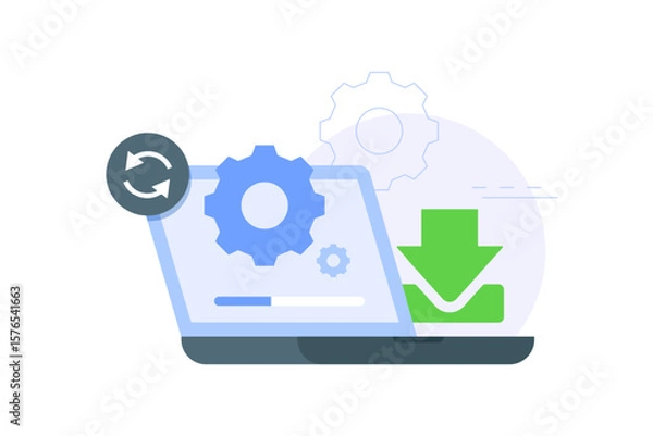 Fototapeta Laptop screen with gear, loading bar, and download icon representing software installation, system update, or file download process