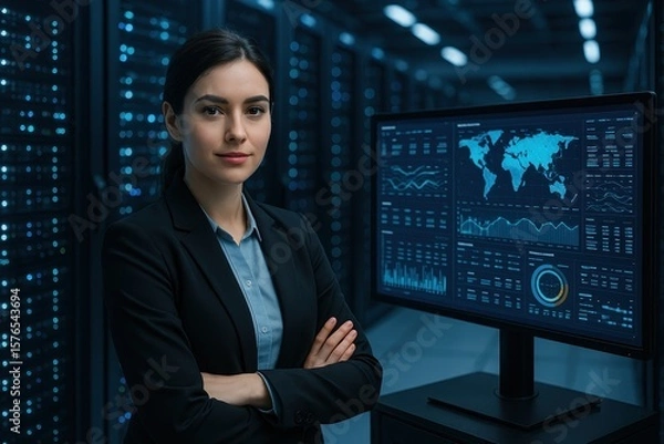 Fototapeta A young and expert woman managing data in a high-tech server room, standing in front of a large monitor in a modern data center.