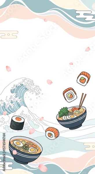 Fototapeta Delicious ramen bowls and sushi rolls float amidst delicate cherry blossoms and artistic waves in this vibrant food scene.