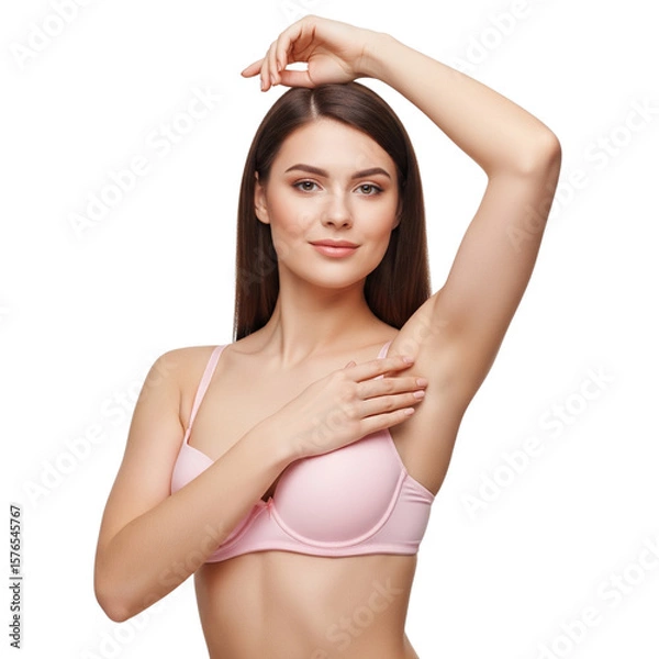 Fototapeta Happy latin lady demonstrating her armpit with smooth skin and smiling on Isolated transparent background png. generated with AI