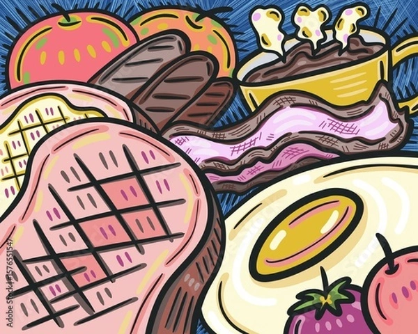 Obraz Yummy breakfast doodle background illustration 