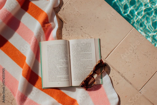 Fototapeta Poolside Towel with Sandals and Book