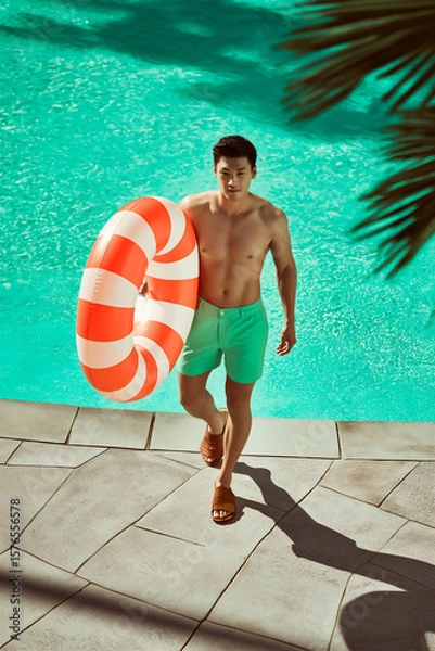 Fototapeta Man Walking By Pool With Inflatable Ring