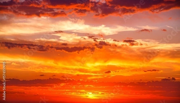 Fototapeta Sunset sky ignited in fiery reds and oranges. Emotional, bold, and cinematic — evoking warmth and finality.