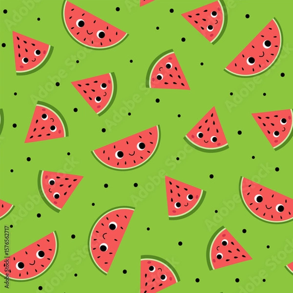 Fototapeta Cute watermelon seamless pattern in kawaii style,vector illustration.
